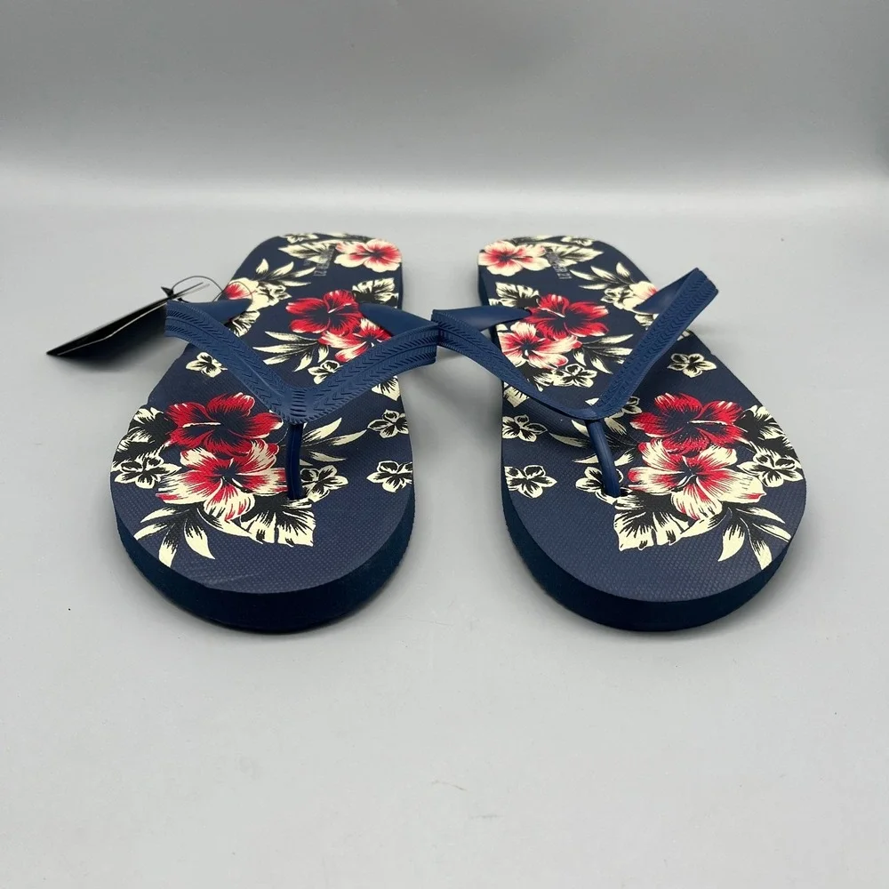 NWT Forever 21 Flip Flops Men's Large 45/46‎ Navy Blue Tropical Floral Hibiscus